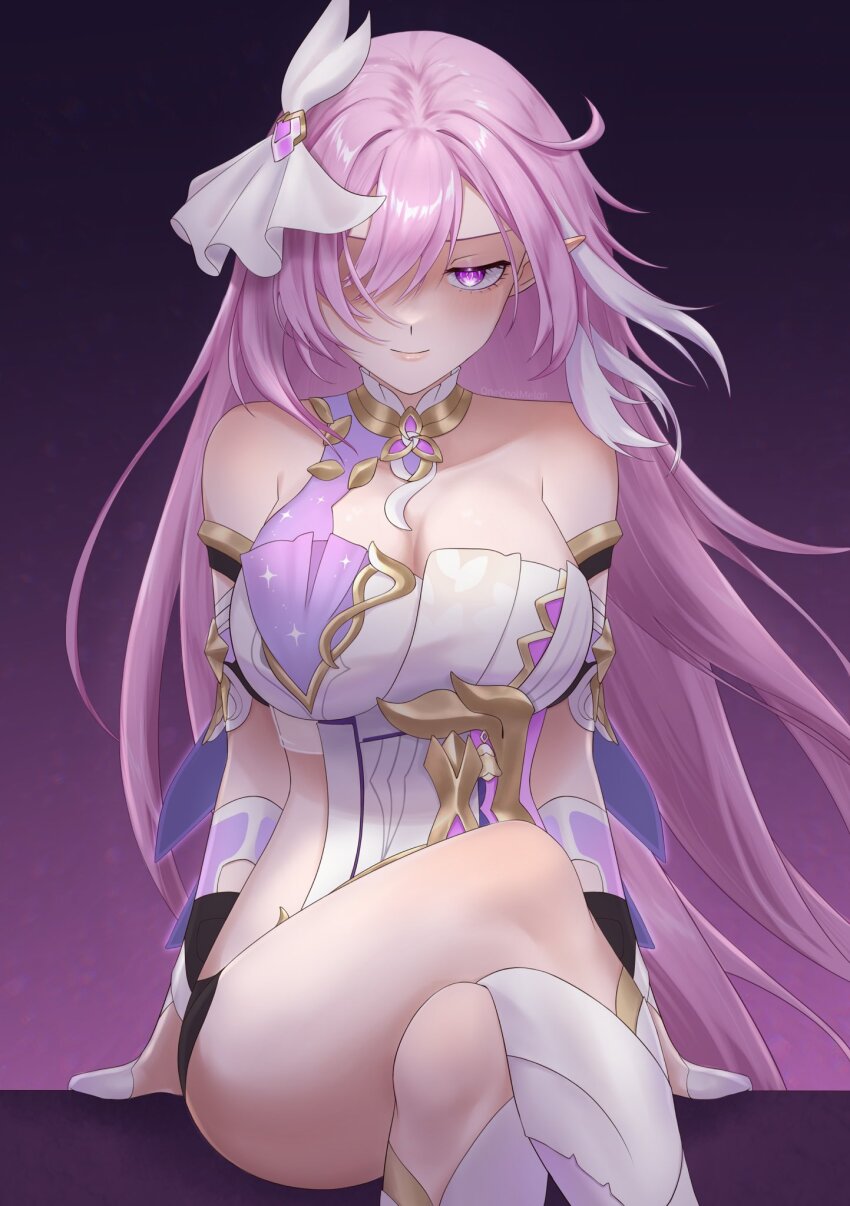 1girl bare_shoulders black_shorts breasts cleavage clothing_cutout crossed_legs detached_sleeves dress elf elysia_(herrscher_of_human:_ego)_(honkai_impact) elysia_(honkai_impact) gloves hair_between_eyes hair_ornament hair_over_one_eye highres honkai_(series) honkai_impact_3rd large_breasts long_hair looking_at_viewer meroririin pink_eyes pink_hair pointy_ears purple_background short_shorts short_sleeves shorts side_cutout solo thighs triquetra very_long_hair white_dress white_footwear white_gloves