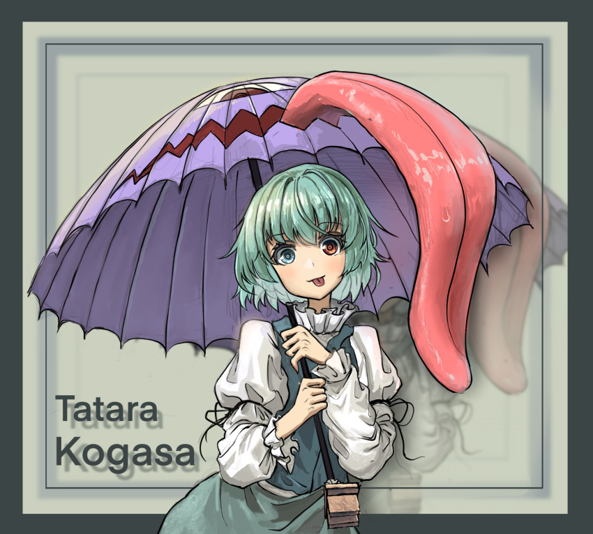 1girl blue_eyes blue_hair blue_vest blush commentary green_background heterochromia highres holding holding_umbrella juliet_sleeves karakasa_obake long_sleeves looking_at_viewer puffy_sleeves purple_umbrella red_eyes shirt short_hair simple_background solo tatara_kogasa tongue tongue_out touhou umbrella upper_body vest white_shirt zhuxie1264852