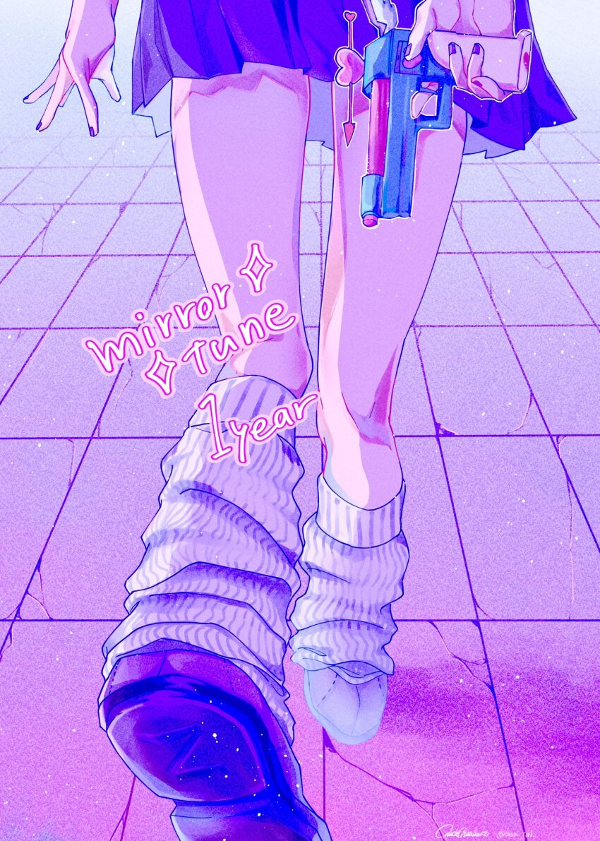 1girl chanko_(ensei_tai) gun highres holding holding_gun holding_weapon leg_focus legs mirror_tune_(zutomayo) nira-chan nira-chan_(mirror_tune)_(zutomayo) purple_footwear purple_nails purple_skirt purple_theme skirt socks song_name walking weapon white_socks zutto_mayonaka_de_ii_no_ni