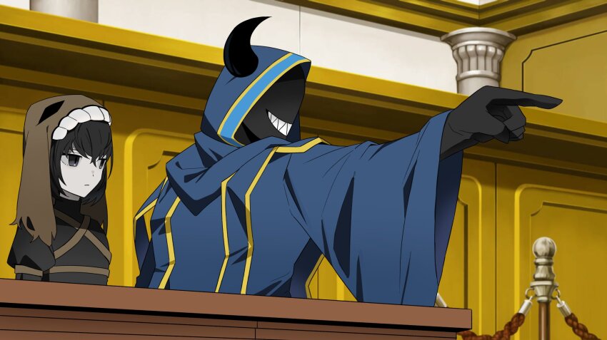 1boy 1girl ace_attorney asdf1211950 black_dress black_eyes black_hair black_horns black_skin black_souls blue_cloak brown_veil cloak colored_skin courtroom dress grin hein_(black_souls) highres horns indoors juliet_sleeves long_sleeves miranda_(black_souls) pointing pointing_at_another puffy_sleeves sharp_teeth short_hair smile teeth wide_sleeves