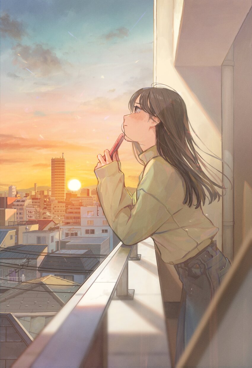 1girl absurdres black_hair blue_sky blush building cellphone city closed_mouth cloud commentary crying crying_with_eyes_open denim from_side highres holding holding_phone japan jeans long_hair original outdoors pants phone shirt_tucked_in sky skyline smartphone solo standing sunset sweater swept_bangs tears turtleneck turtleneck_sweater utaka_(anyoanyot) veranda