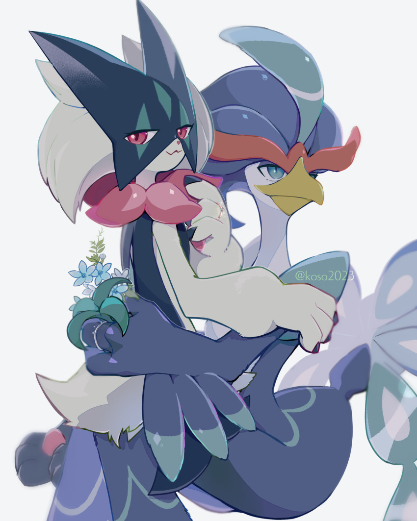 artist_name beak blue_eyes blue_flower blue_fur creatures_(company) flower game_freak green_fur highres holding holding_flower koso2023 mask meowscarada nintendo pink_eyes pokemon pokemon_(creature) quaquaval simple_background two-tone_fur white_background white_fur