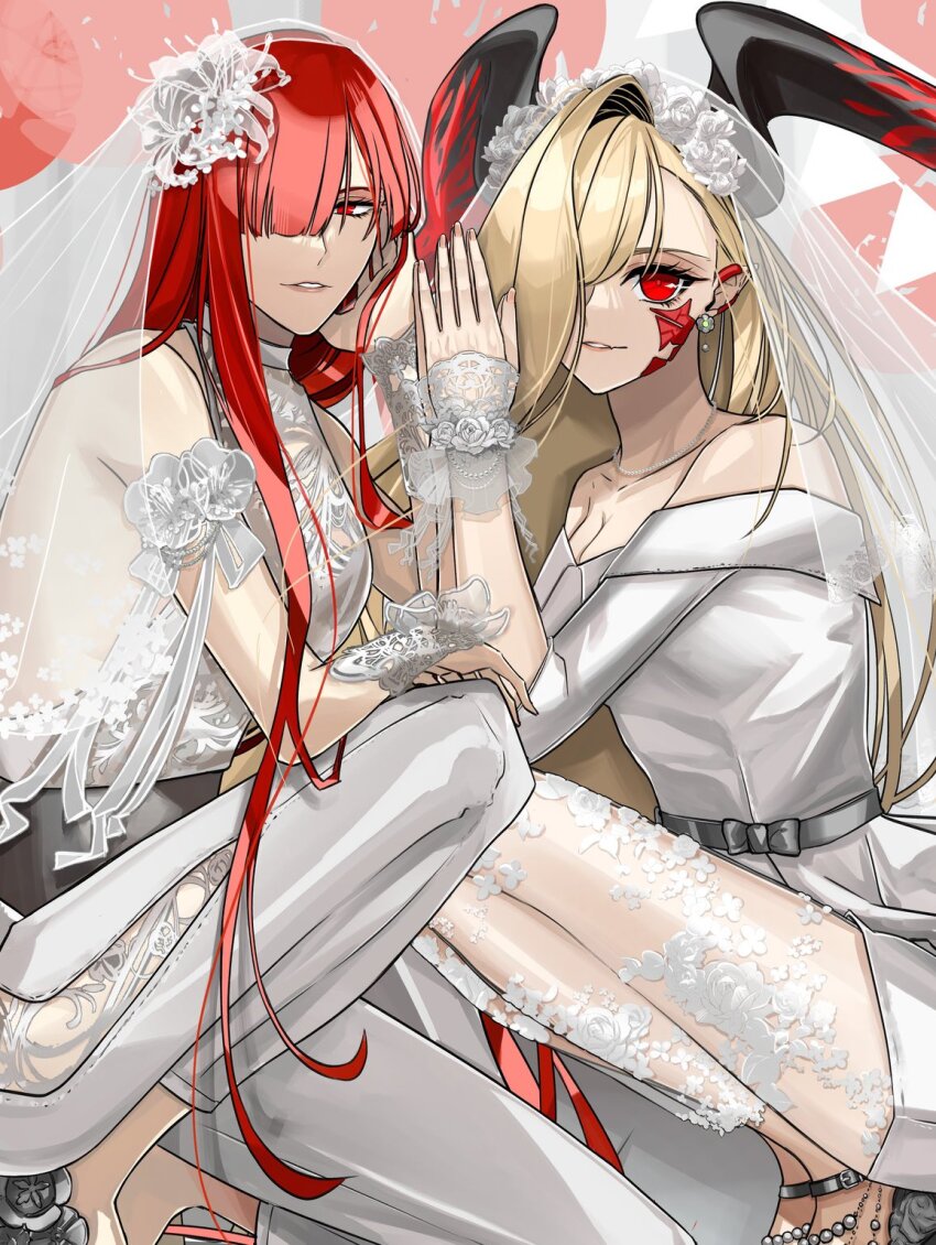 2girls blonde_hair breasts bridal_veil bride cleavage dress earrings fate/grand_order fate_(series) floral_print hair_over_one_eye highres hiyocoegg hiyoko_no_tamago horns jewelry long_hair multiple_girls nero_claudius_(fate) nero_claudius_(fate)_(all) oda_nobunaga_(fate) oda_nobunaga_(maou_avenger)_(fate) own_hands_together pants pointy_ears queen_draco_(fate) queen_draco_(third_ascension)_(fate) red_eyes red_hair squatting veil wedding_dress white_dress white_pants