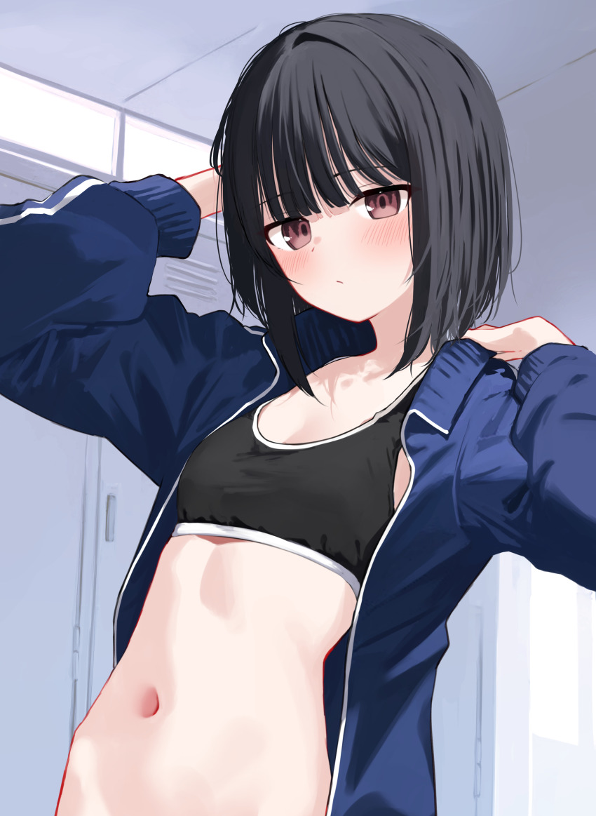 1girl absurdres black_hair black_sports_bra blue_jacket bob_cut breasts brown_eyes closed_mouth commentary_request hands_up highres indoors jacket long_sleeves looking_at_viewer memekko navel open_clothes open_jacket original short_hair small_breasts solo sports_bra standing track_jacket