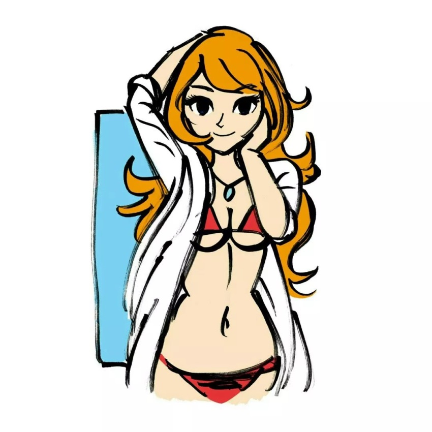 bikini coat collar jf_illustration long_hair looking_at_viewer midriff mona_(warioware) nintendo orange_hair solo swimsuit warioware white_coat