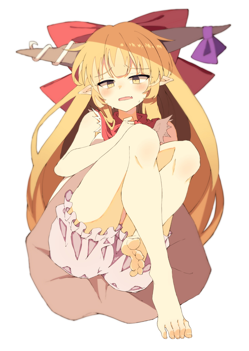 1girl absurdres barefoot blonde_hair blush bow feet hair_bow highres horns ibuki_suika long_hair looking_at_viewer open_mouth pointy_ears seika_okawari soles toes touhou yellow_eyes