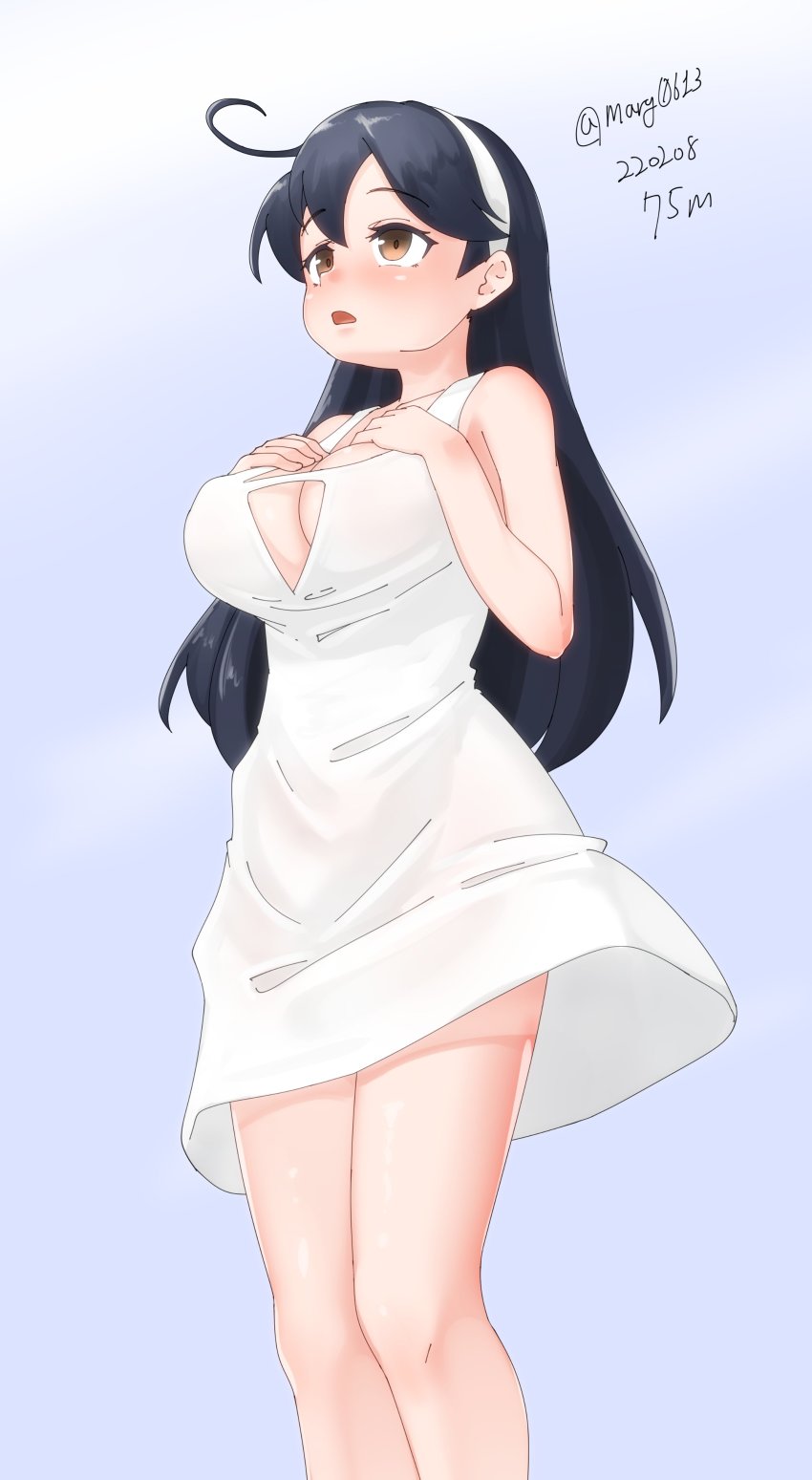 1girl absurdres ahoge alternate_costume black_hair breasts cleavage cleavage_cutout clothing_cutout dress feet_out_of_frame hairband hands_on_own_chest highres kantai_collection large_breasts long_hair looking_at_viewer maru_(marg0613) one-hour_drawing_challenge solo sundress ushio_(kancolle) ushio_kai_ni_(kancolle) white_dress white_hairband