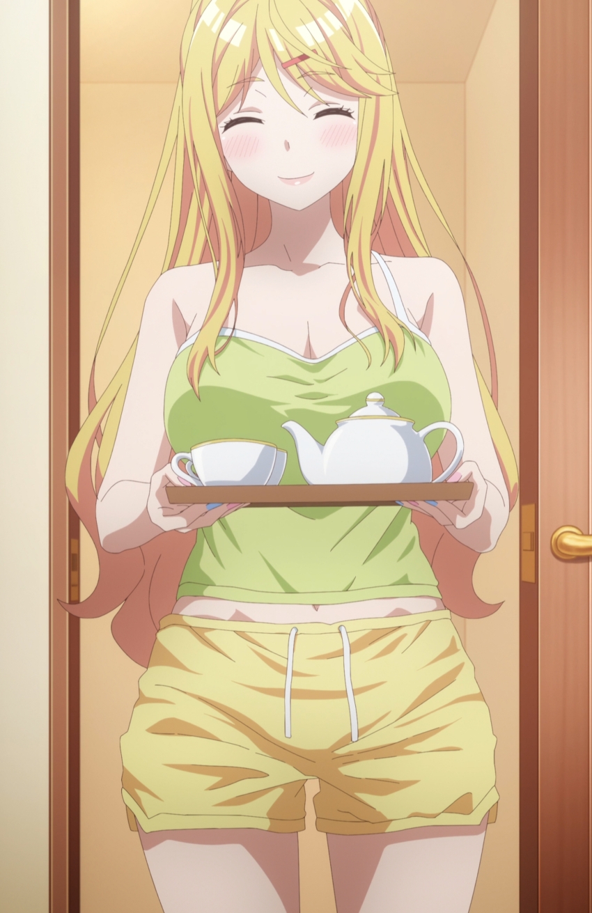 1girl anime_screenshot blonde_hair blush breasts camisole class_no_daikirai_na_joshi_to_kekkon_suru_koto_ni_natta. cleavage closed_eyes collarbone green_camisole hair_ornament hairclip highres ishikura_himari large_breasts long_hair navel shorts sleeveless smile stitched thighs third-party_edit tray yellow_shorts