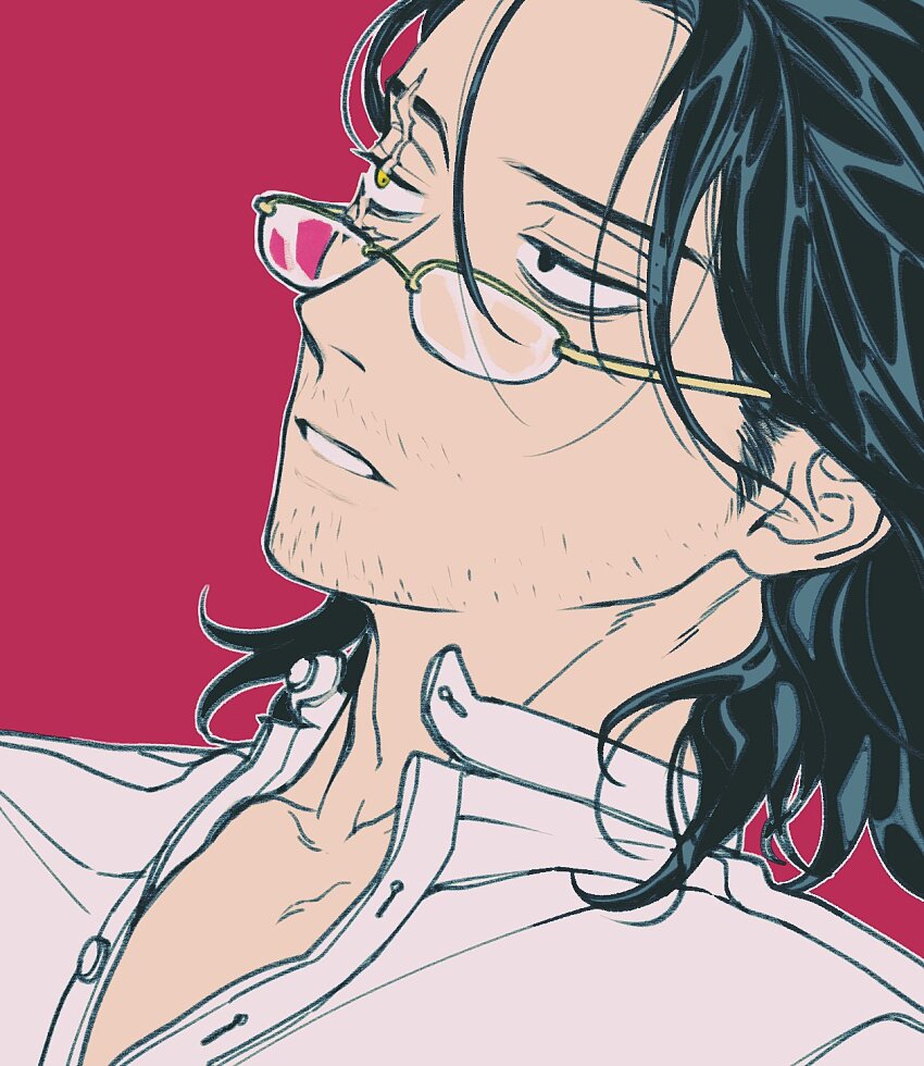 1boy adam&#039;s_apple bags_under_eyes bespectacled black_hair boku_no_hero_academia collarbone collared_shirt eraser_head_(boku_no_hero_academia) facial_hair glasses heterochromia highres male_focus mustache_stubble oru_2ji parted_lips red_background scar scar_across_eye shirt simple_background solo sparse_stubble stubble white_shirt