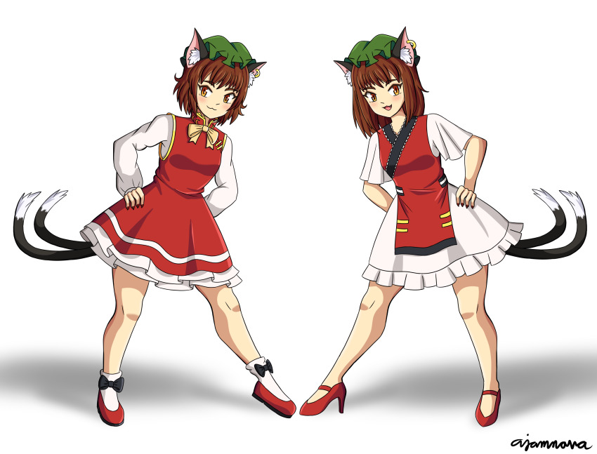 2girls :3 :d ajamnova animal_ear_fluff animal_ear_piercing animal_ears bare_legs blush bow bow_legwear bowtie breasts brown_eyes brown_hair cat_ears cat_tail chen commentary contrapposto dress earrings english_commentary foul_detective_satori frills full_body gold_trim green_hat hands_on_own_hips hat high_heels highres jewelry legs_apart long_sleeves looking_at_viewer medium_hair mob_cap multiple_girls multiple_tails nail_polish nekomata no_socks open_mouth petticoat puffy_long_sleeves puffy_sleeves red_footwear red_nails red_skirt red_tabard red_vest shadow short_hair short_sleeves signature simple_background single_earring skirt skirt_set small_breasts smile tabard tail touhou two_tails vest white_background white_dress yellow_bow yellow_bowtie