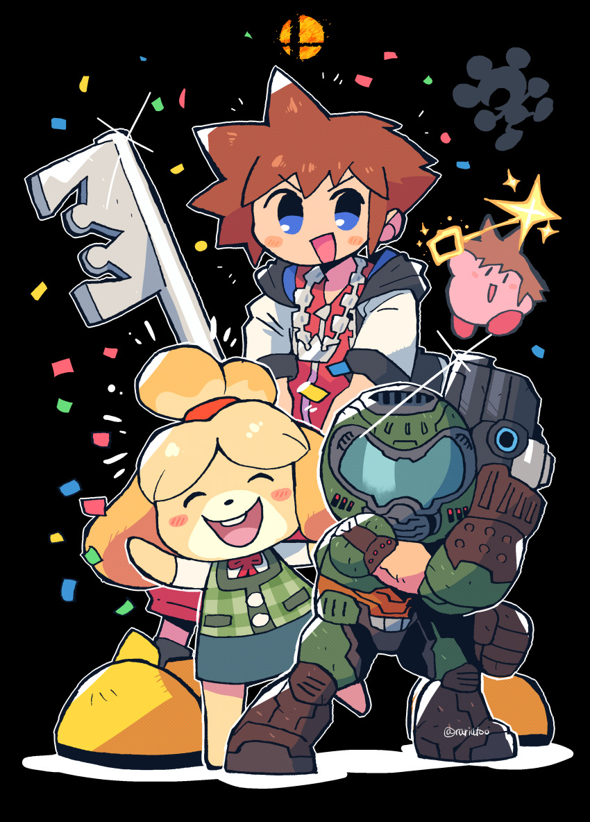 1girl 2boys absurdres animal_crossing brown_hair confetti disney dog_girl doom_(series) doom_eternal doomguy game_&amp;_watch gun highres isabelle_(animal_crossing) jewelry keyblade kingdom_hearts kingdom_hearts_i kingdom_key kirby kirby_(series) looking_at_viewer mr._game_&amp;_watch multiple_boys necklace nintendo open_mouth rariatto_(ganguri) sora_(kingdom_hearts) spiked_hair square_enix super_smash_bros. weapon yellow_footwear