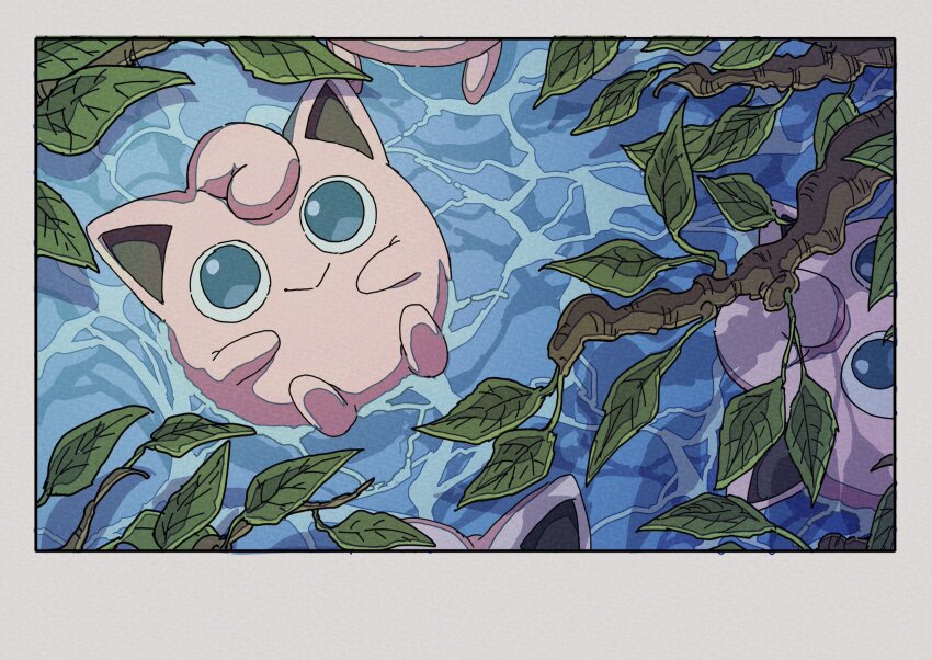 :&gt; animal_ears branch creatures_(company) from_above game_freak gen_1_pokemon highres in_water jigglypuff leaf looking_up lying nintendo no_humans on_back onamuzi_illust pink_fur pokemon pokemon_(creature) pokemon_focus smile water