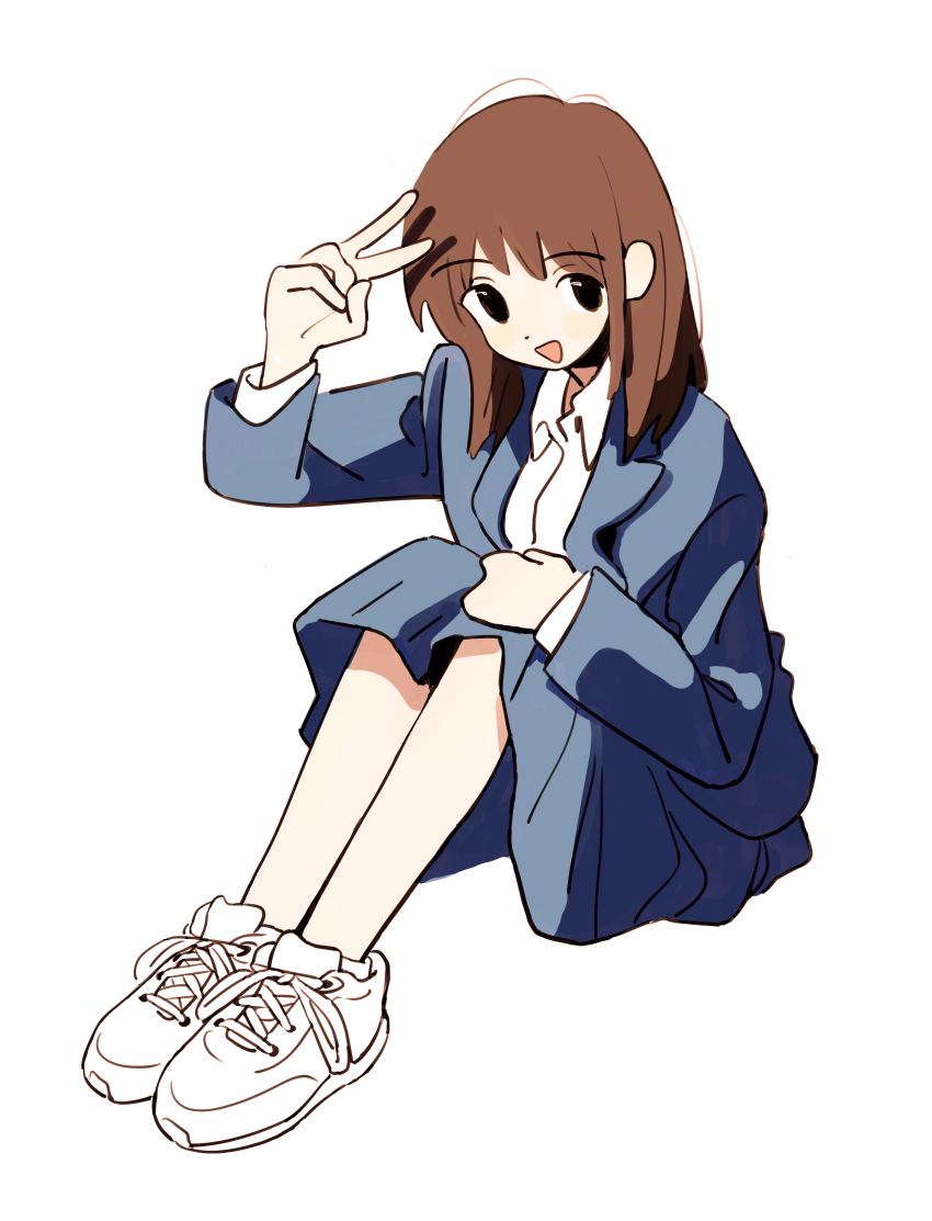 1girl :d absurdres blue_jacket brown_hair full_body hand_up highres iwashi_iwashimo jacket long_sleeves looking_at_viewer open_mouth original shirt shoes simple_background sitting skirt smile sneakers socks solo v w white_background white_shirt