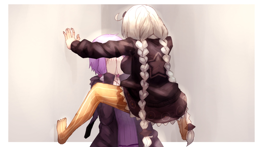 2girls absurdres black_coat black_jacket braid cicada_block_(meme) coat commentary covering_face criss-cross_halter dress female_focus grey_hair hair_tubes halterneck highres jacket kizuna_akari long_hair meme multiple_girls orange_legwear pantyhose purple_dress purple_hair shiburingaru sidelocks star_(symbol) star_print striped_clothes striped_legwear striped_pantyhose twin_braids vertical-striped_clothes vertical-striped_pantyhose very_long_hair voiceroid yuzuki_yukari