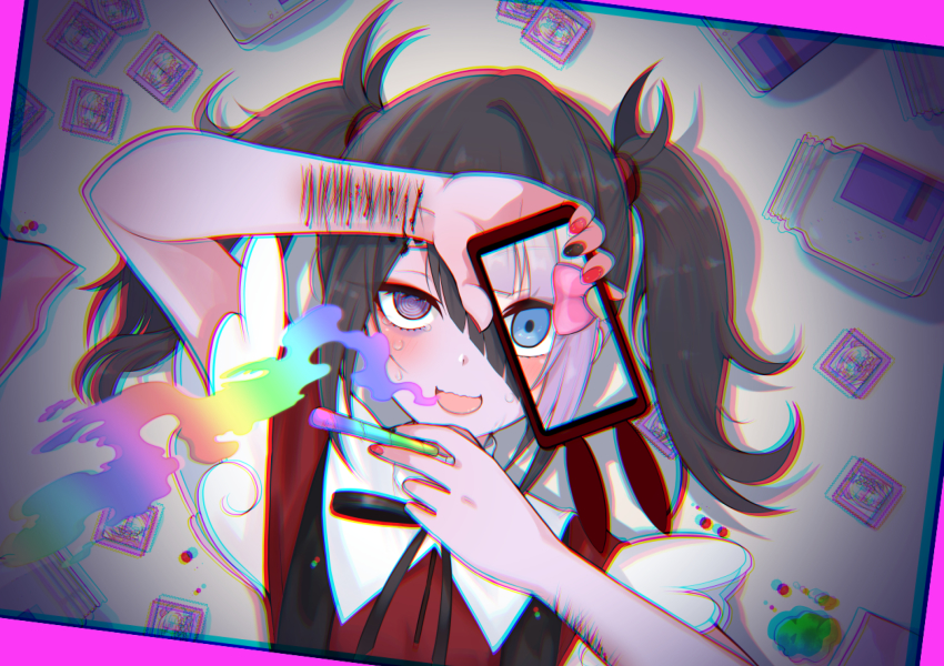 1girl @_@ ame-chan_(needy_girl_overdose) bags_under_eyes black_hair black_ribbon blood blue_eyes blush bow cellphone chouzetsusaikawa_tenshi-chan crying crying_with_eyes_open drugged drugs dual_persona grey_hair hair_bow highres holding holding_phone injury looking_at_viewer medicine_bottle medium_hair mekakuri_(otacon250) multicolored_nails nail_polish neck_ribbon needy_girl_overdose open_mouth phone purple_eyes ribbon self-harm short_sleeves slit_wrist smartphone smile smoking suspenders tears twintails wavy_mouth