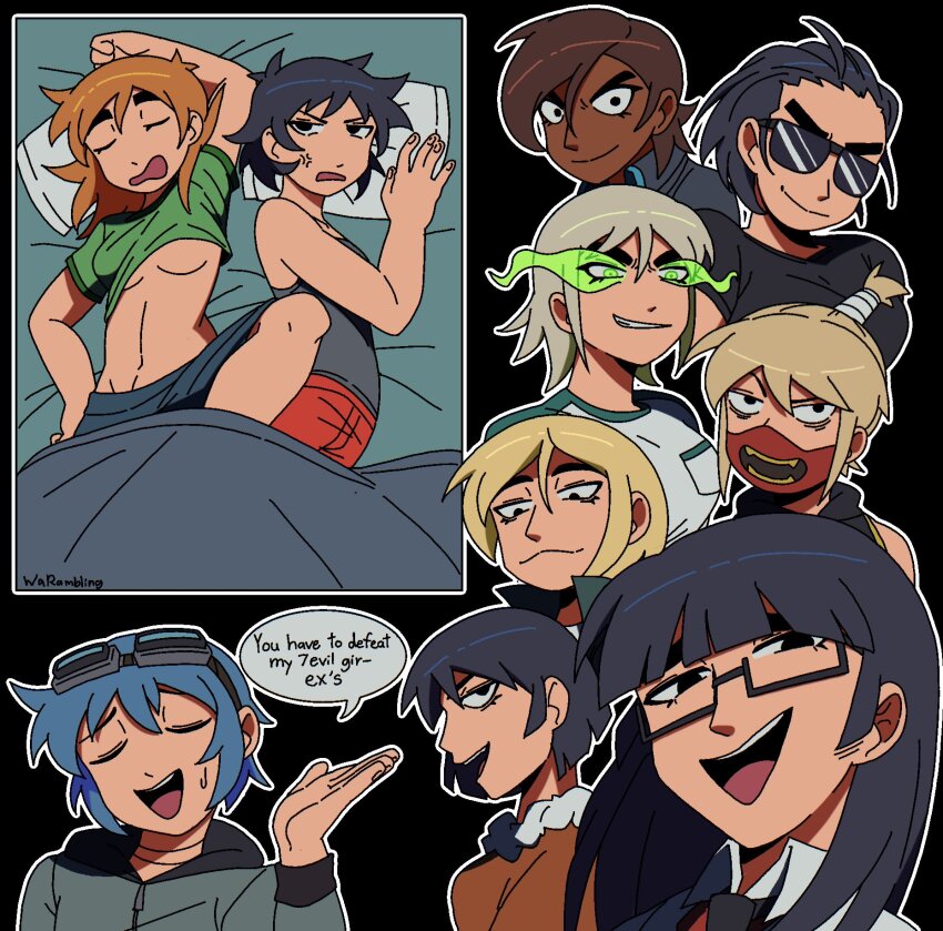 2boys 6+girls annoyed arm_behind_head bed black_hair blonde_hair blue_hair blunt_bangs breasts brown_hair closed_eyes commentary dark-skinned_female dark_skin english_commentary english_text genderswap genderswap_(ftm) genderswap_(mtf) gideon_graves glasses glowing glowing_eyes goggles goggles_on_head highres hood hood_down hoodie jitome ken_katayanagi kyle_katayanagi long_hair lucas_lee lying mask matthew_patel medium_breasts medium_hair midriff mouth_mask multiple_boys multiple_girls on_bed open_mouth orange_hair pillow ponytail ramona_flowers scott_pilgrim scott_pilgrim_(series) scott_pilgrim_takes_off short_hair siblings sisters sleeping smile speech_bubble sunglasses sweatdrop todd_ingram twins wallace_wells warambling