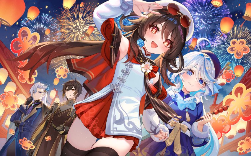 2boys 2girls absurdres beret black_thighhighs blue_eyes blue_hair brown_hair closed_mouth drop-shaped_pupils eyewear_on_head flower-shaped_pupils furina_(genshin_impact) genshin_impact hair_between_eyes hat highres holding_hands hu_tao_(cherries_snow-laden)_(genshin_impact) hu_tao_(genshin_impact) lalazyt long_hair long_sleeves looking_at_viewer multiple_boys multiple_girls neuvillette_(genshin_impact) official_alternate_costume open_mouth outdoors red_eyes red_skirt revision round_eyewear skirt smile symbol-shaped_pupils thighhighs white_hat zhongli_(genshin_impact)