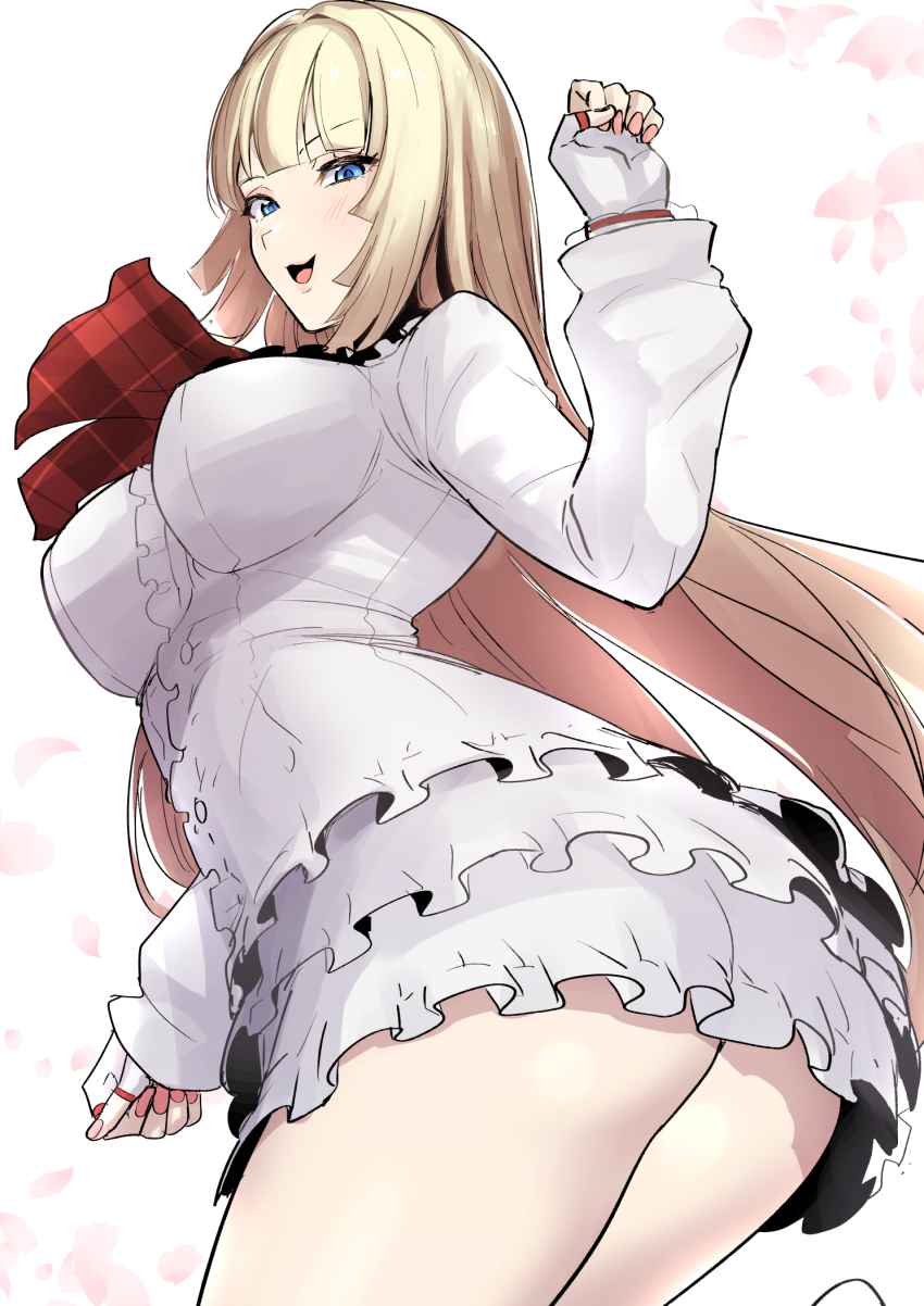 1girl ass blonde_hair blue_eyes blunt_bangs blush boots breasts clash_kuro_neko dress emilie_de_rochefort fingerless_gloves frills gloves highres hime_cut large_breasts long_hair looking_at_viewer smile solo tekken tekken_8