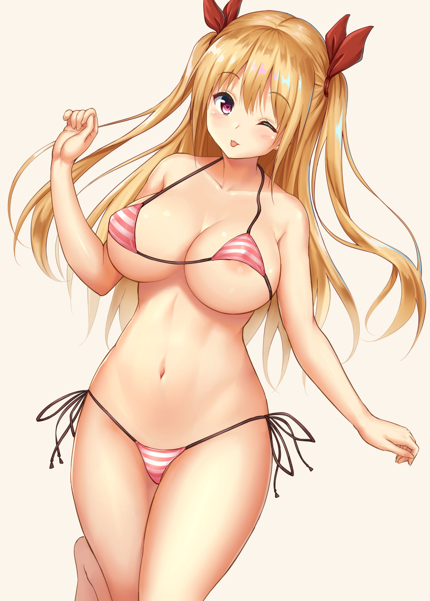 1girl :p absurdres beige_background bikini blonde_hair blush breasts hair_ribbon highres large_breasts long_hair navel original pink_eyes red_ribbon ribbon side-tie_bikini_bottom simple_background striped_bikini striped_clothes swimsuit tongue tongue_out two_side_up uehiro