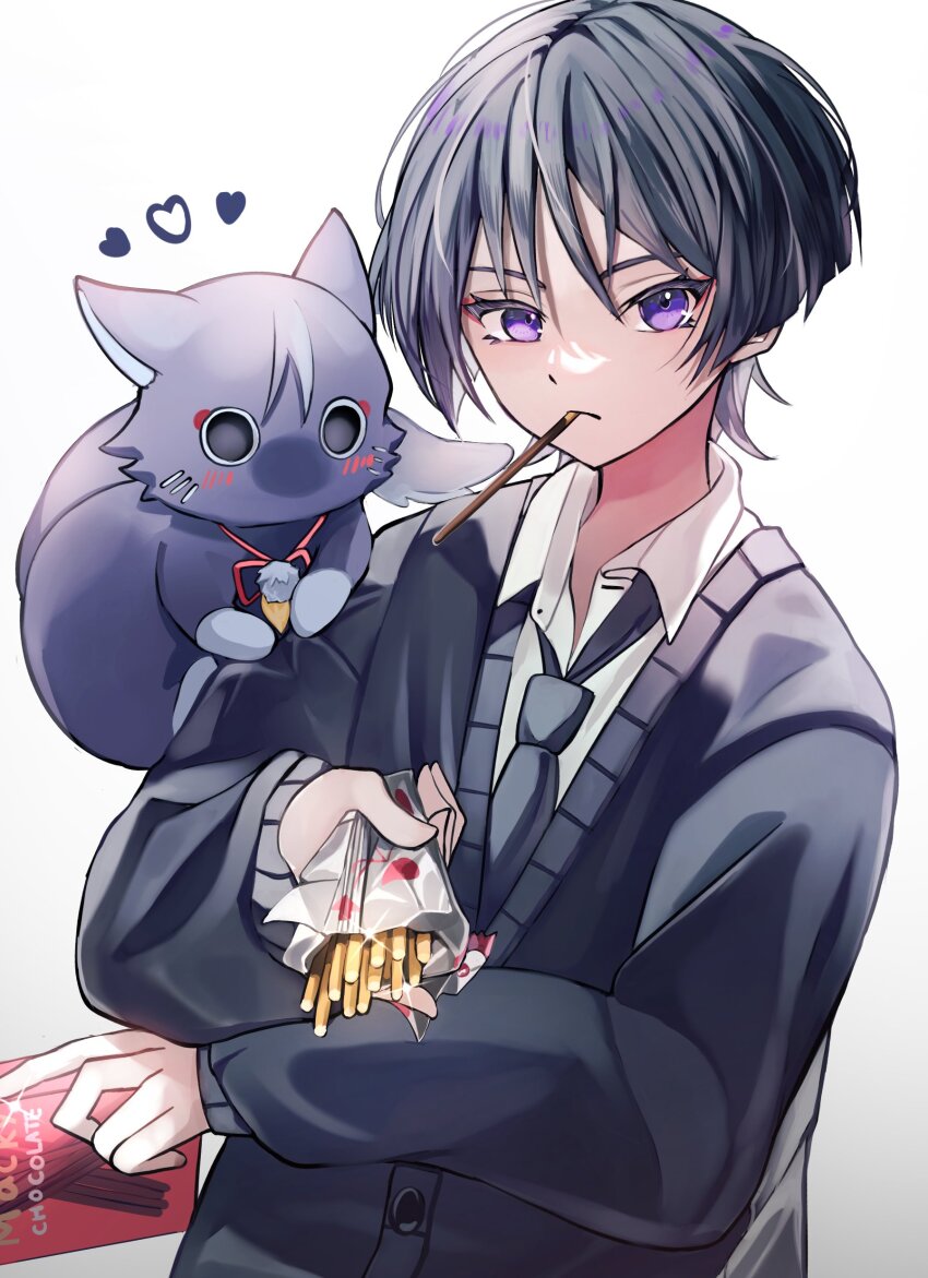 1boy absurdres alternate_costume animal animal_on_shoulder aomiya_souju black_cardigan black_hair black_necktie black_sleeves blunt_ends cardigan cat cat_on_shoulder closed_mouth collared_shirt contemporary eyeliner eyeshadow food food_in_mouth genshin_impact heart highres holding_carton long_sleeves looking_at_viewer makeup male_focus necktie parted_bangs pocky pocky_day pocky_in_mouth purple_cat purple_eyes red_eyeliner red_eyeshadow scaramouche_(cat)_(genshin_impact) scaramouche_(genshin_impact) shirt white_background white_shirt white_undershirt