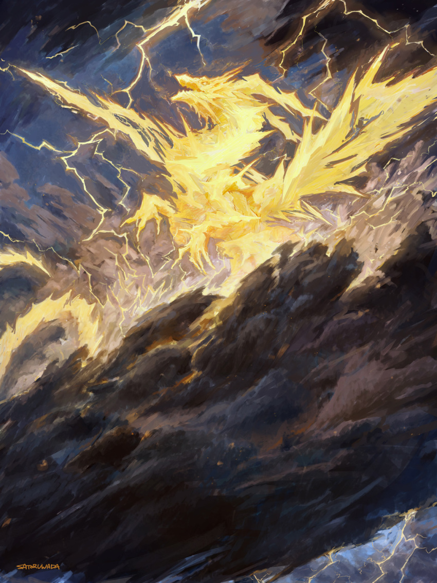 1other cloud cloudy_sky commentary dragon electricity english_commentary highres lightning no_humans original outdoors satoru_wada signature sky solo storm storm_cloud tail western_dragon wings