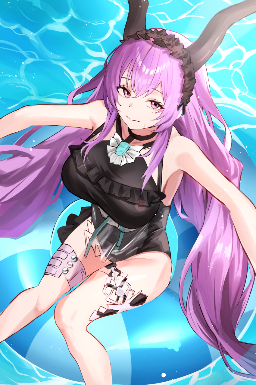 1girl absurdres arknights black_horns black_one-piece_swimsuit commentary_request frilled_one-piece_swimsuit frills from_above highres horns long_hair looking_at_viewer official_alternate_costume one-piece_swimsuit puranetto_(vjun4748) purple_eyes purple_hair sitting swimsuit thighs typhon_(arknights) typhon_(temperature_difference)_(arknights)