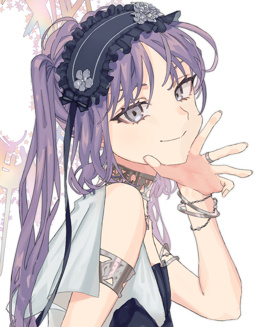 1girl armlet black_headdress bracelet choker e1voipius52iwof euryale_(fate) fate/grand_order fate_(series) frilled_headwear frills grey_eyes halo hand_on_own_chin headdress highres jewelry long_hair looking_at_viewer purple_hair ring simple_background smile solo twintails upper_body white_background