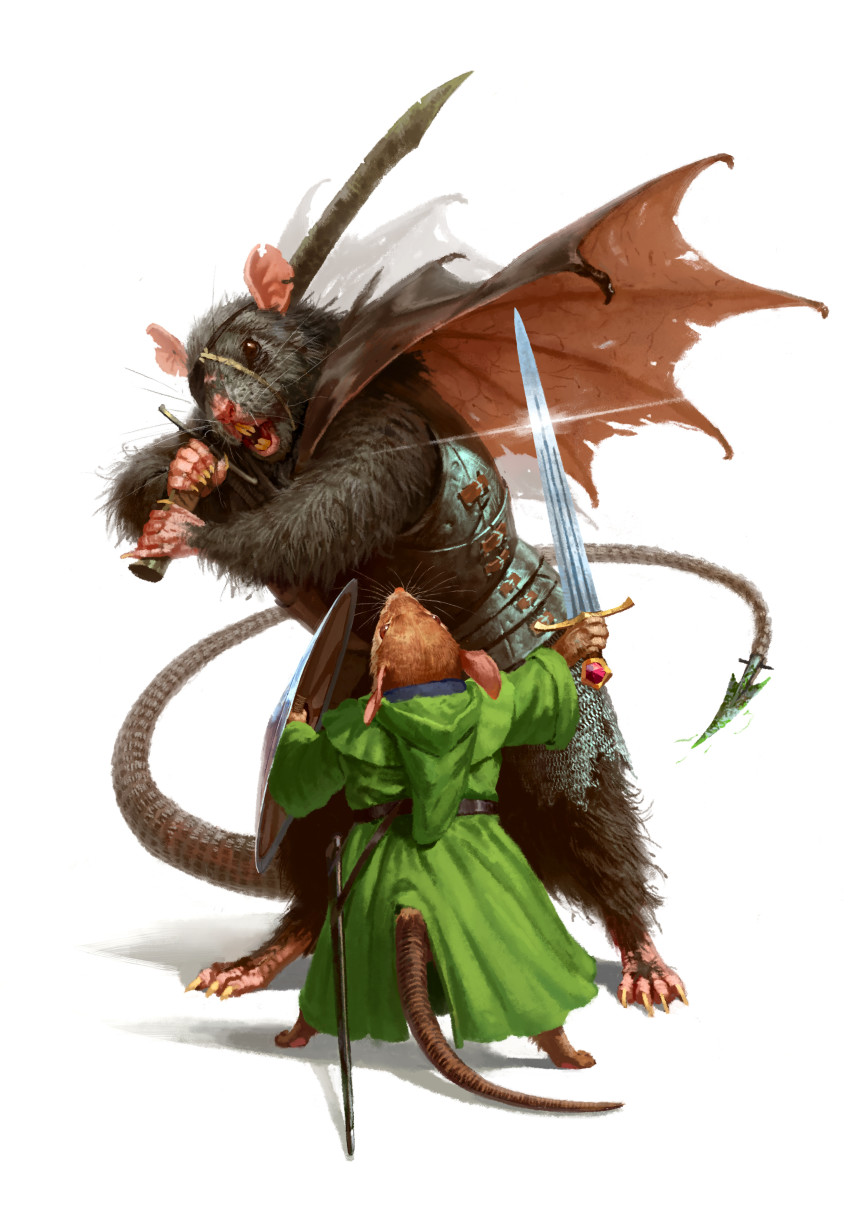 absurdres buck_teeth commentary english_commentary fantasy from_behind green_robe height_difference highres holding holding_shield holding_sword holding_weapon hood hood_down manuel_castanon mouse mouse_(animal) no_humans redwall robe shield size_difference sword tail teeth two-handed weapon wings