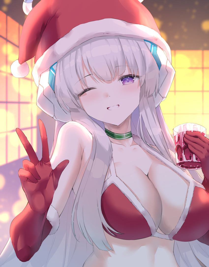 1girl absurdres bikini blue_archive blush breasts choker cleavage collarbone commentary_request cup elbow_gloves gloves green_choker grin halo hat highres holding holding_cup indoors large_breasts long_hair looking_at_viewer mechanical_halo noa_(blue_archive) one_eye_closed purple_eyes red_bikini red_gloves santa_bikini santa_costume santa_hat smile sunnysideup swimsuit upper_body v