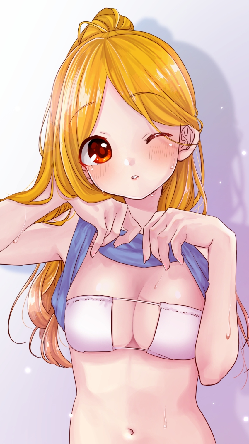 1girl absurdres bikini blonde_hair blue_shirt blush breasts clothes_lift commentary_request dot_nose eyes_visible_through_hair grey_background hands_up highres idolmaster idolmaster_cinderella_girls lifting_own_clothes long_hair looking_at_viewer medium_breasts mochizuki_hijiri motu7be1024 navel one_eye_closed parted_lips ponytail red_eyes shadow shirt shirt_lift sleeveless sleeveless_shirt solo stomach swimsuit wet white_bikini