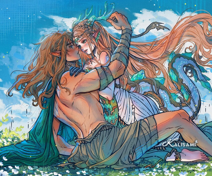 1boy 1girl anklet barefoot blonde_hair blue_sky claws cloud cloudy_sky commentary day dragon_horns dragon_tail dress earrings english_commentary hetero highres horns imminent_kiss jewelry kalisami1 light_dragon_(zelda) link long_hair multiple_earrings nintendo pointy_ears princess_zelda sky spines tail the_legend_of_zelda the_legend_of_zelda:_tears_of_the_kingdom very_long_hair