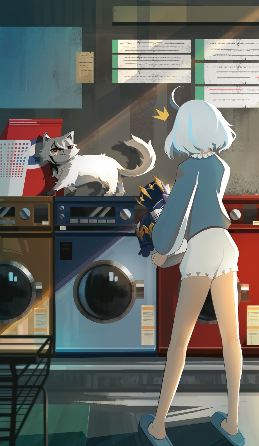 1girl :3 absurdres animalization arlecchino_(genshin_impact) black_eyes blue_hair blue_hat blue_shirt cat commentary cowlick english_commentary from_behind furina_(genshin_impact) genshin_impact hat highres indoors laundromat laundry laundry_basket light_blue_hair mini_hat mini_top_hat multicolored_hair red_pupils saeshimi shirt short_hair shorts slippers standing streaked_hair symbol-shaped_pupils top_hat washing_machine white_cat white_shorts x-shaped_pupils