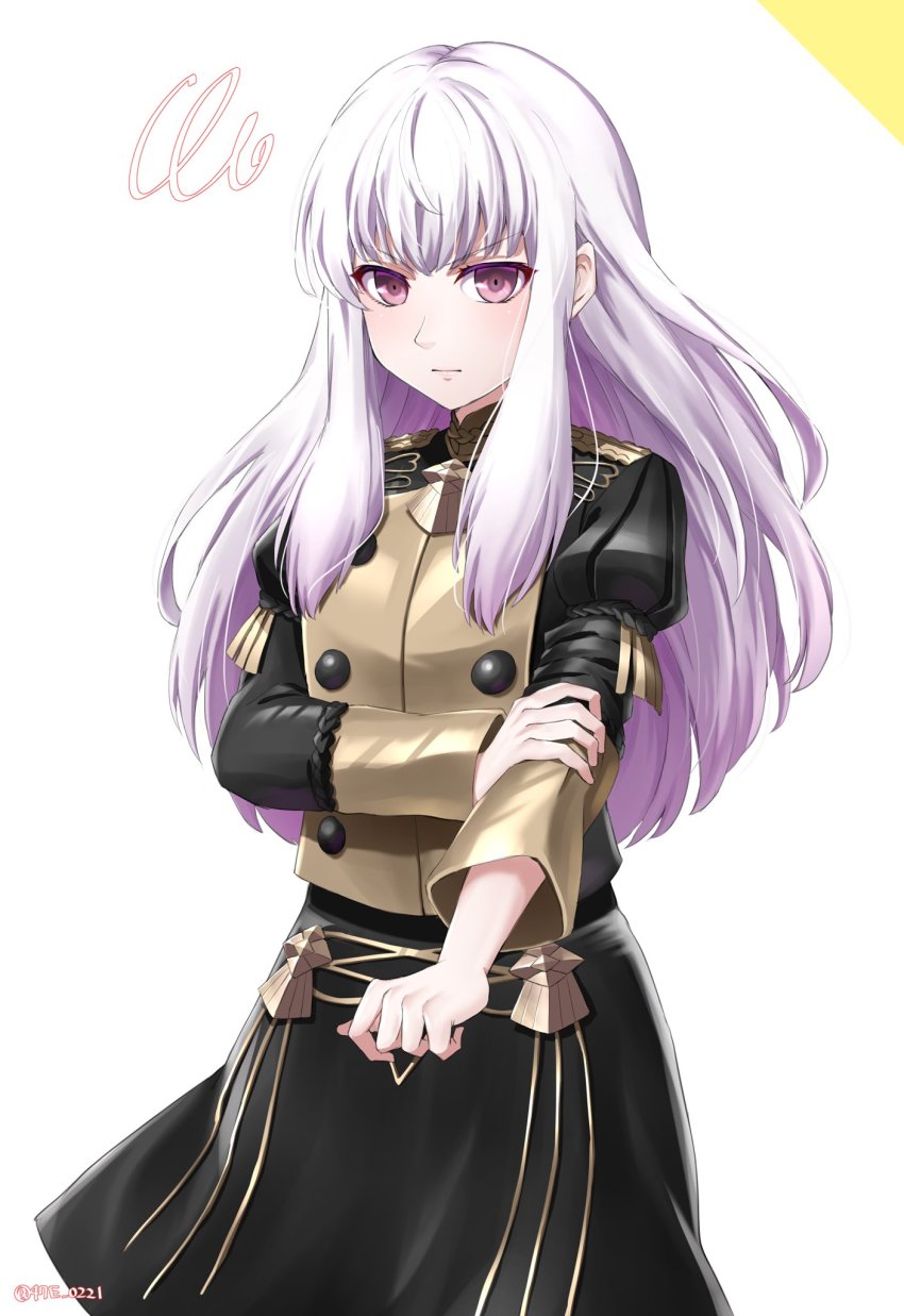 1girl 47e_0221 closed_mouth fire_emblem fire_emblem:_three_houses garreg_mach_monastery_uniform highres long_hair long_sleeves lysithea_von_ordelia nintendo pink_eyes rolling_sleeves_up simple_background solo twitter_username white_hair