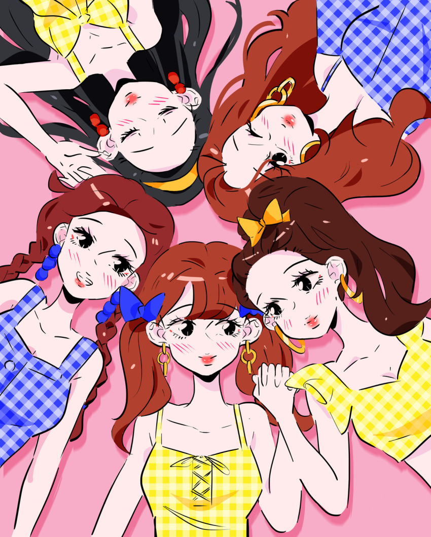 5girls blue_shirt blush braided_twintails brown_hair closed_eyes commentary crop_top earrings high_ponytail highres holding_hands irene_(red_velvet) jewelry joy_(red_velvet) k-pop long_hair looking_at_viewer multiple_girls one_eye_closed ponytail real_life red_lips red_velvet_(group) seulgi_(red_velvet) shirt smile stephanie_priscilla wendy_(red_velvet) yellow_shirt yeri_(red_velvet)