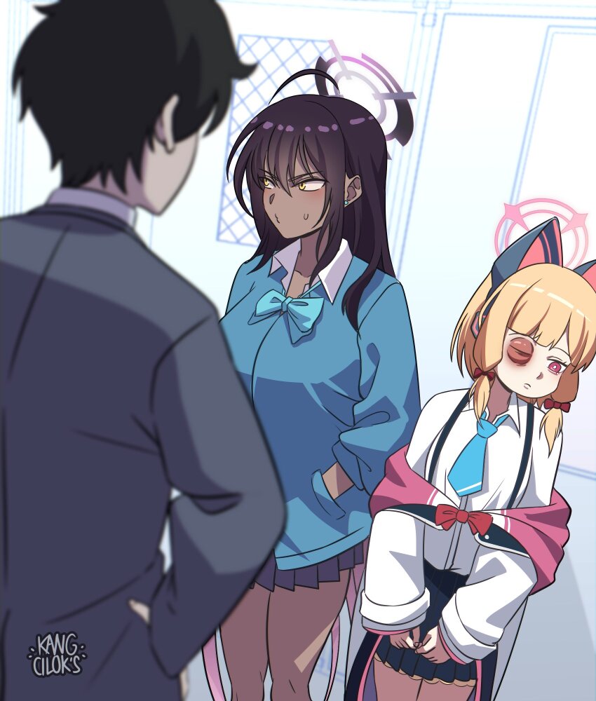 1boy 2girls ahoge animal_ear_headphones animal_ears black_hair black_skirt blonde_hair blue_archive blue_bow blue_bowtie blue_jacket blue_necktie blush bow bowtie breasts brown_eyes bruise bruised_eye cat_ear_headphones dark-skinned_female dark_skin fake_animal_ears formal grey_skirt grey_suit hair_bow halo hand_in_pocket hand_on_own_hip headphones highres injury jacket kang_cilok&#039;s karin_(blue_archive) large_breasts long_hair looking_to_the_side low_twintails meme momoi_(blue_archive) multiple_girls necktie racist_momoi_(meme) sensei_(blue_archive) sensei_(blue_archive_the_animation) shirt short_hair skirt suit suspenders thighs twintails white_jacket white_shirt yellow_eyes