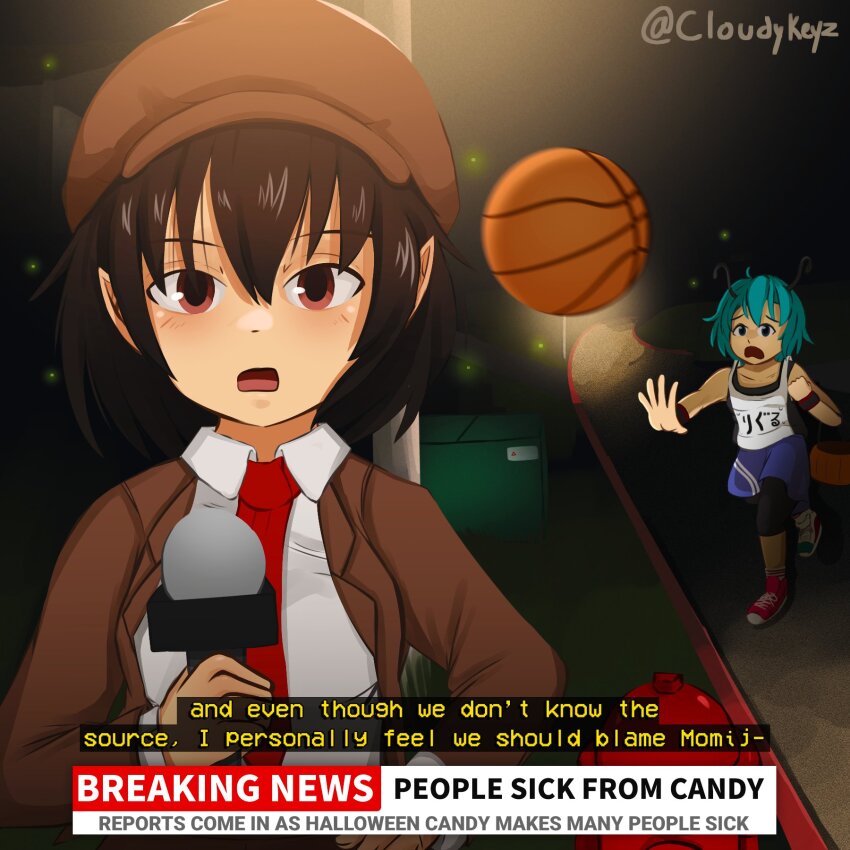 2girls ball basketball_(object) basketball_uniform black_hair brown_eyes brown_jacket cabbie_hat cloudykeyz commentary dumpster english_text fake_screenshot fire_hydrant fireflies green_eyes green_hair halloween halloween_bucket halloween_costume hat highres holding holding_microphone jacket lamppost leggings looking_at_viewer microphone multiple_girls news night open_mouth outstretched_arm pointy_ears shameimaru_aya short_hair sportswear subtitled suit_jacket touhou touhou_lostword upper_body wriggle_nightbug wriggle_nightbug_(worm_moon_firefly)