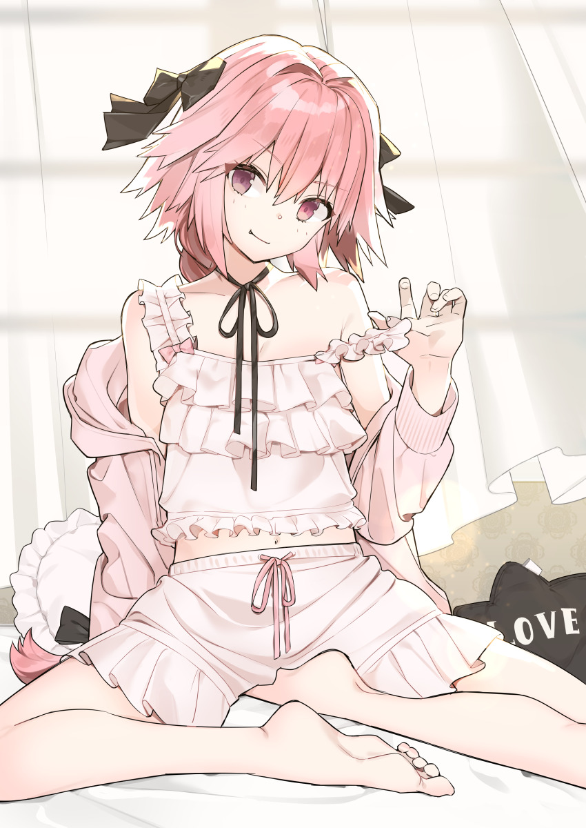 1boy absurdres astolfo_(fate) bare_shoulders barefoot black_bow black_ribbon blush bow braid camisole closed_mouth collarbone fang fang_out fate/apocrypha fate_(series) frills hair_bow hair_intakes highres jacket legs long_braid long_hair looking_at_viewer male_focus multicolored_hair navel neck_ribbon off_shoulder omucchan_(omutyuan) pajamas pillow pink_hair pink_jacket purple_eyes ribbon shorts single_braid sitting smile solo strap_pull streaked_hair toes trap white_camisole white_hair white_shorts