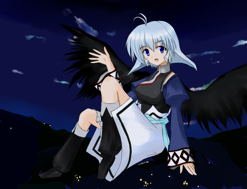 1girl antenna_hair blue_eyes camyu cloud detached_sleeves female_focus highres night open_mouth silver_hair sky solo utawarerumono wings