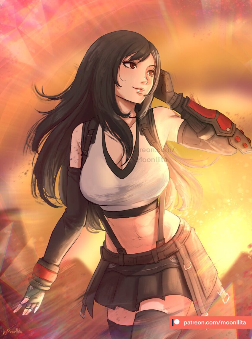 1girl bare_shoulders black_gloves black_hair black_skirt black_thighhighs blurry blurry_background breasts closed_mouth cowboy_shot crop_top elbow_gloves final_fantasy final_fantasy_vii final_fantasy_vii_rebirth final_fantasy_vii_remake fingerless_gloves gloves highres large_breasts long_hair looking_to_the_side midriff moonllita navel outdoors patreon_username pink_lips red_eyes single_arm_guard skirt smile solo sunset suspender_skirt suspenders swept_bangs tank_top thighhighs tifa_lockhart watermark white_tank_top zettai_ryouiki