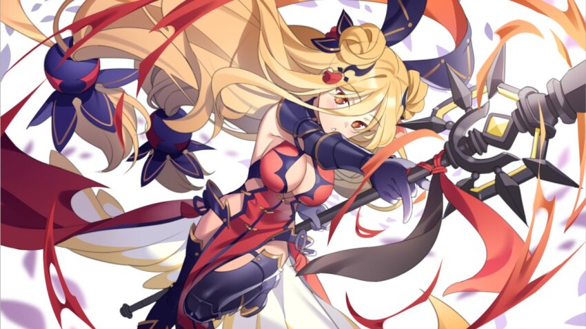 1girl blonde_hair boots breasts cleavage cleavage_cutout clothing_cutout date_a_live double_bun dress gauntlets hair_between_eyes hair_bun hair_ornament holding holding_staff hoshimiya_mukuro large_breasts long_hair looking_at_viewer microdress open_mouth red_dress rie_(reverie) solo staff very_long_hair yellow_eyes