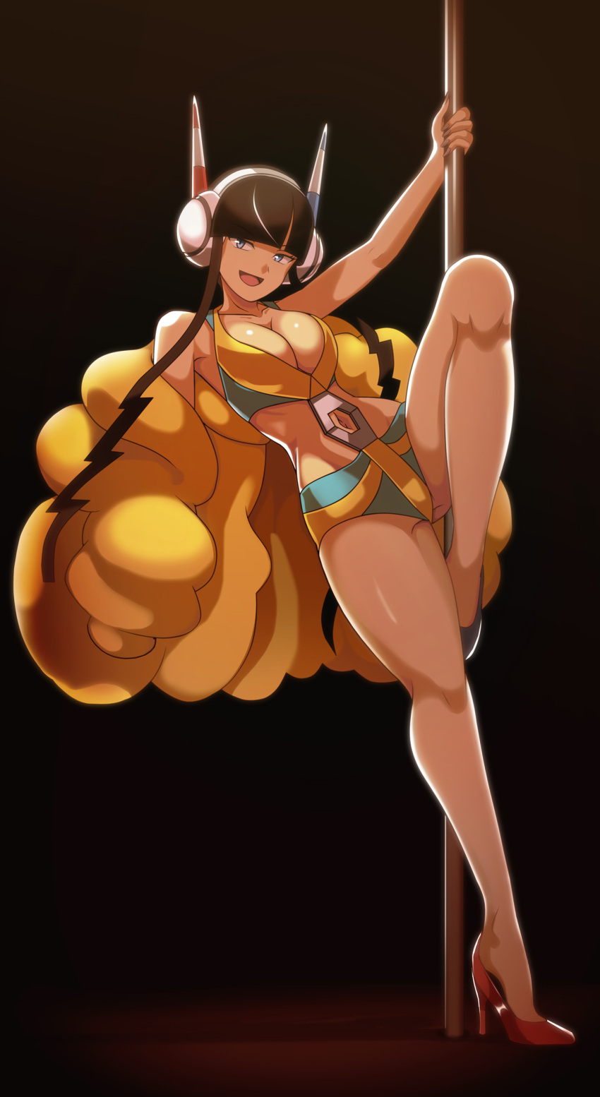 absurdres black_hair blue_eyes coat creatures_(company) elesa_(pokemon) female game_freak gym_leader headphones high_heels highres long_legs looking_at_viewer nintendo open_mouth pokemon pokemon_bw2 pole simple_background smile solo stripper_pole twintails vivivoovoo