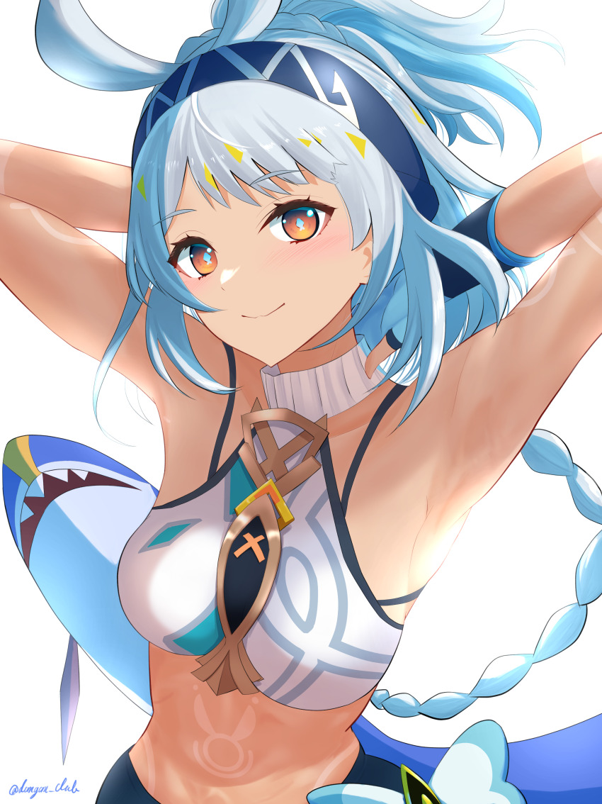 1girl absurdres armpits arms_behind_head arms_up blue_hairband breasts crop_top dangan_kurabu dark_skin genshin_impact grey_hair hairband highres long_hair looking_at_viewer midriff mualani_(genshin_impact) no_navel orange_eyes small_breasts smile solo stomach upper_body