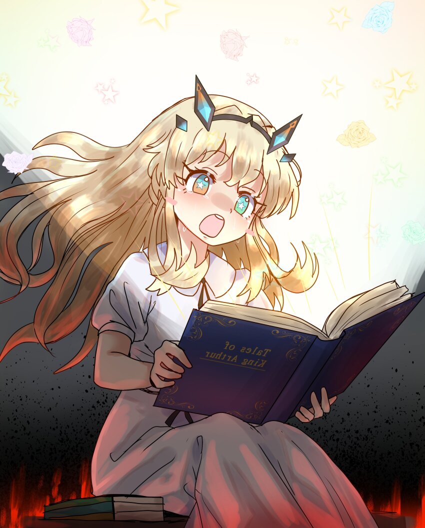 1girl absurdres aged_down barghest_(fate) blonde_hair blush book breasts dress ebora fate/grand_order fate_(series) green_eyes highres horns long_hair looking_at_viewer open_mouth short_sleeves small_breasts solo white_dress