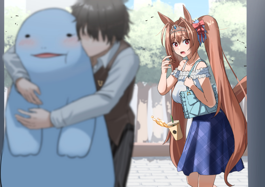 1boy 1girl absurdres animal_ears bag black_hair blue_skirt blush brown_hair collarbone commentary_request creatures_(company) cup daiwa_scarlet_(umamusume) disposable_cup drinking_straw dropping game_freak gen_2_pokemon hair_intakes highres horse_ears horse_girl horse_tail hug hug_from_behind long_hair meme nintendo ooeyama open_mouth outdoors pokemon pokemon_(creature) quagsire red_eyes shirt short_hair shoulder_bag skirt tail tiara trainer_(umamusume) twintails umamusume very_long_hair white_shirt