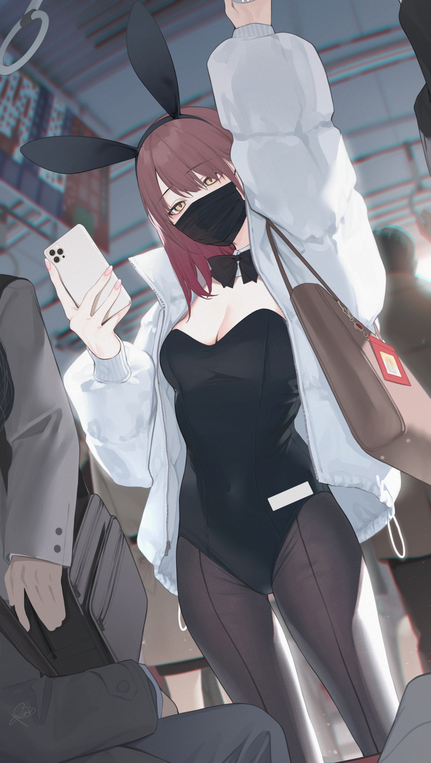 1girl absurdres animal_ears arm_up bag black_leotard bow bowtie breasts brown_hair cellphone commentary_request detached_collar fake_animal_ears grey_jacket hand_grip highres holding holding_hand_grip holding_phone jacket large_breasts leotard long_sleeves looking_at_viewer mask medium_breasts mouth_mask multiple_others open_clothes open_jacket original padded_jacket pantyhose phone playboy_bunny rabbit_ears rerrere shoulder_bag smartphone solo_focus standing strapless strapless_leotard train_interior yellow_eyes