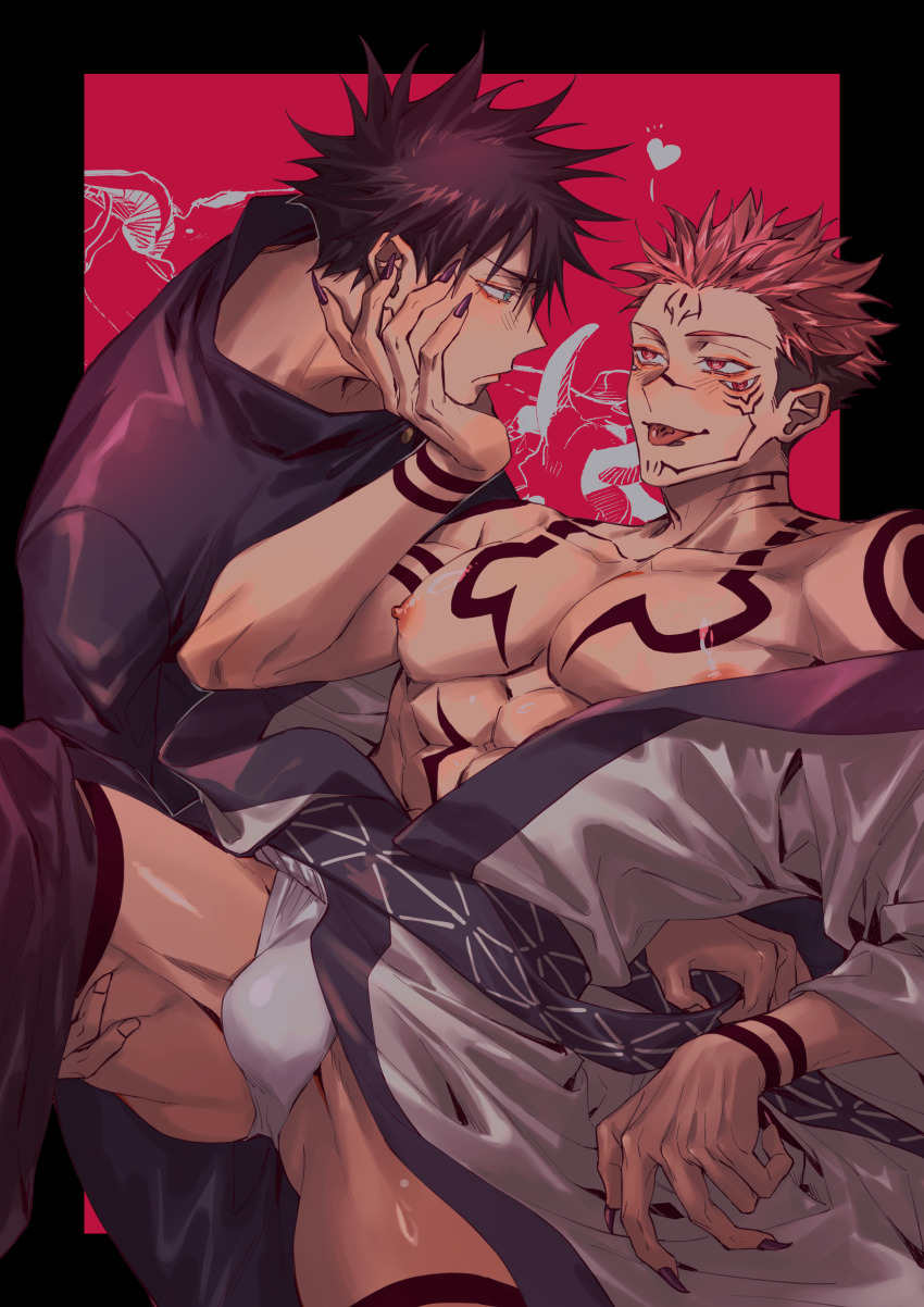 2boys abs absurdres azukiharuta_ju bare_pectorals black_border black_hair border bulge closed_mouth eye_contact facial_tattoo forehead_tattoo fushiguro_megumi hand_on_another&#039;s_face highres japanese_clothes jujutsu_kaisen kimono looking_at_another male_focus multiple_boys muscular muscular_male nipples pectorals pink_hair red_background red_eyes ryoumen_sukuna_(jujutsu_kaisen) short_hair tattoo tongue tongue_out tongue_tattoo undercut white_kimono yaoi