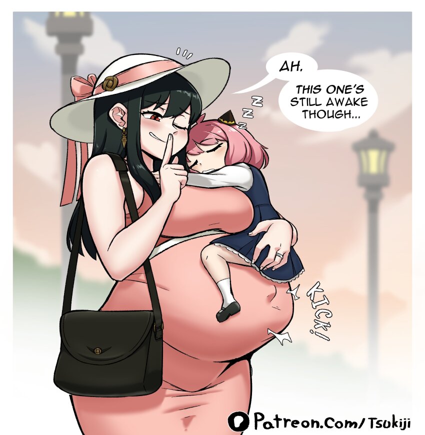 2girls absurdres ahoge anya_(spy_x_family) artist_name bag big_belly black_hair blush breasts child closed_eyes cone_hair_bun cowboy_shot dress earrings english_text finger_to_mouth hair_bun hair_over_shoulder handbag hat highres jewelry lamppost large_breasts long_hair medium_hair mother_and_daughter multiple_girls one_eye_closed outdoors outie_navel patreon_username pink_dress pink_hair pregnant red_eyes ring shushing sidelocks sleeping speech_bubble spy_x_family sun_hat tsukijitums wedding_band wide_hips yor_briar zzz