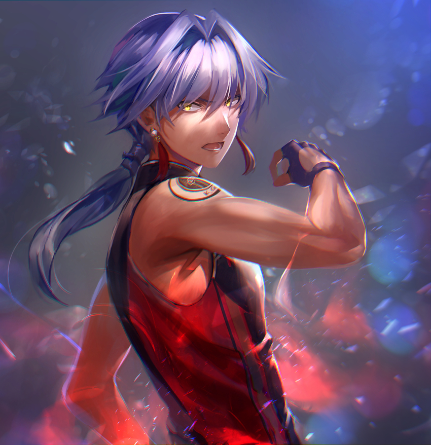 10s 1boy earrings fingerless_gloves from_side fuji_minako gloves hair_intakes hair_tubes highres idolmaster idolmaster_side-m jewelry kizaki_ren looking_at_viewer low_ponytail male_focus muscular open_mouth purple_hair sleeveless solo tassel tassel_earrings tattoo upper_body yellow_eyes