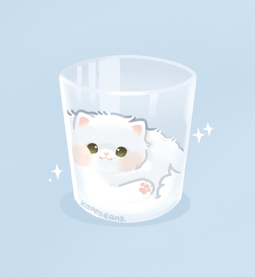 :3 animal animal_focus artist_name blue_background cat closed_mouth commentary_request cup glass green_eyes highres kapebeansies kitten looking_at_viewer no_humans original shadow simple_background sparkle squishing