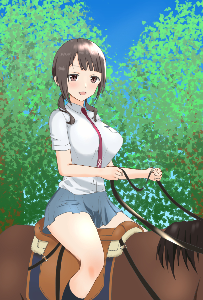 1girl brown_eyes brown_hair highres holding holding_reins horse horseback_riding okita_sawa open_mouth reins riding sabure saddle school_uniform shirt sitting skirt smile solo tari_tari twintails